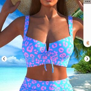 NEW! Modlily Bowknot Sky Blue And Pink Leapard Bikini Set Size 8-10